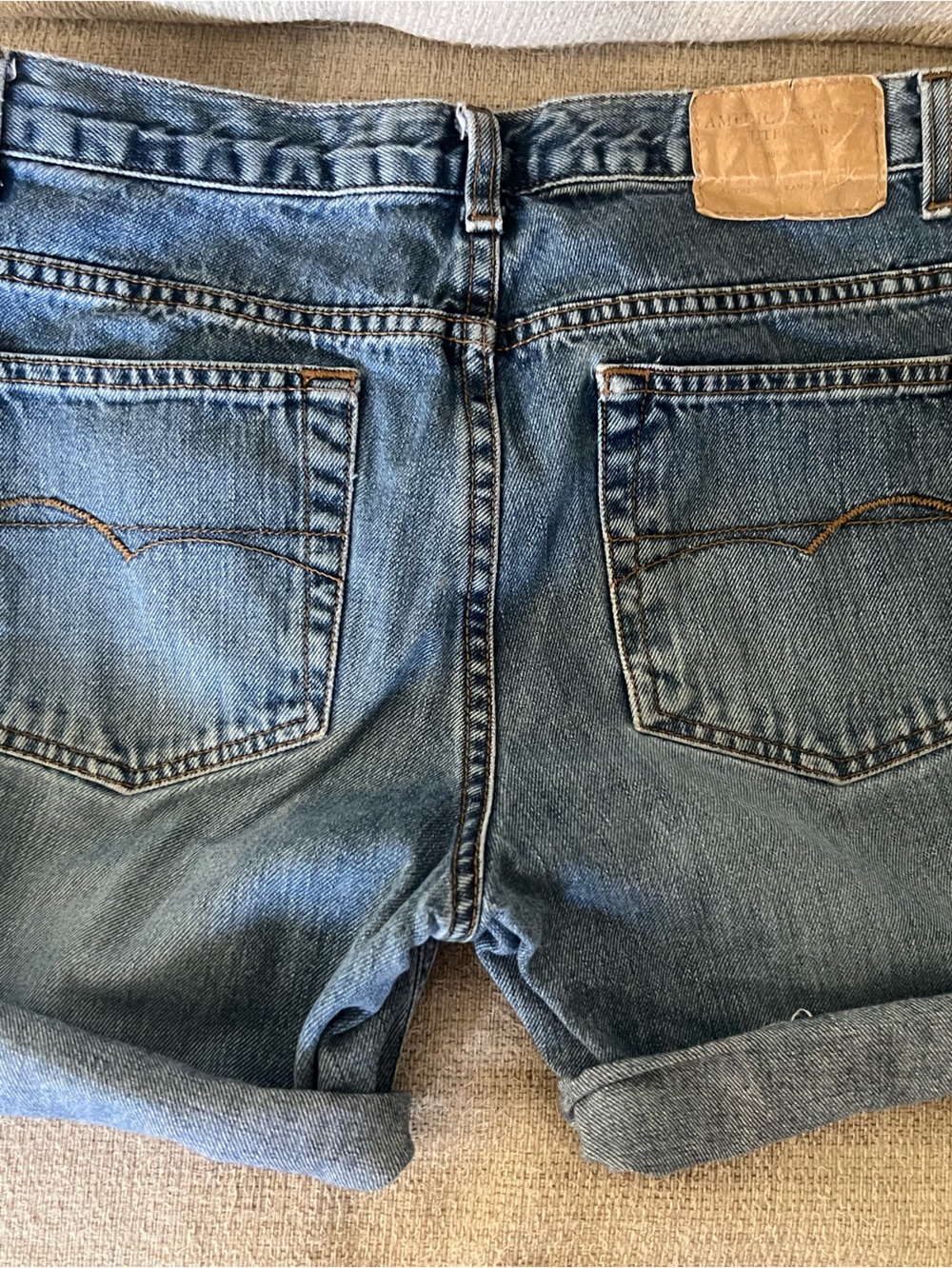 American Eagle Outfitters Light Blue Denim Jean Shorts with Tan Patch
